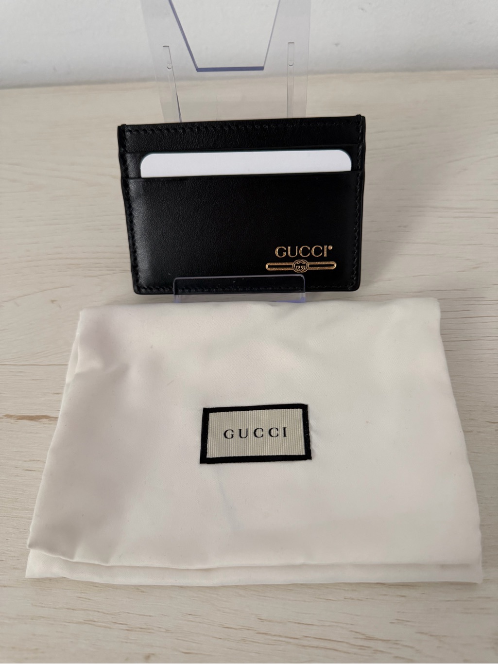 Gucci Black Leather Card & Key Sleeve With Gold Logo
